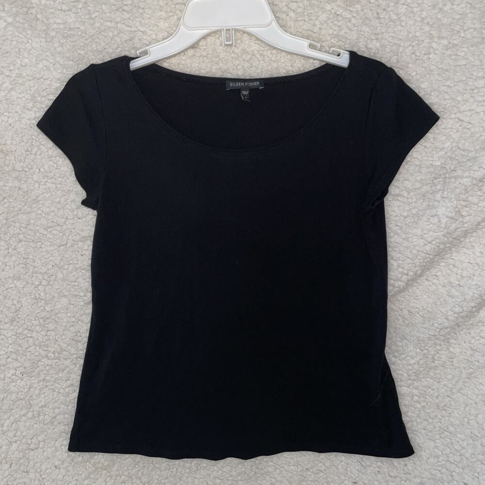 EILEEN FISHER Top S Stretch Organic Cotton Scoop Neck Cap Sleeve Basic Black USA
